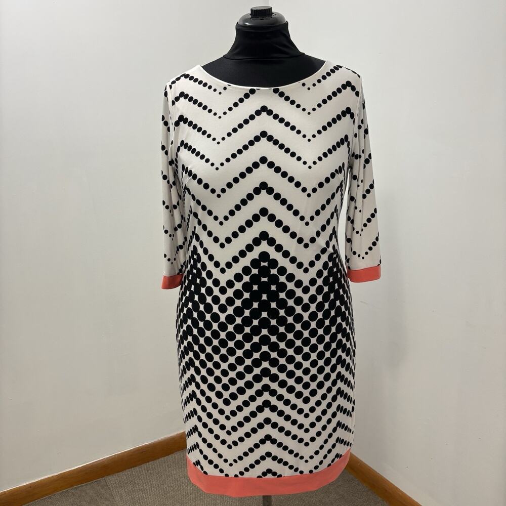 Studio One New York Womens L Polka Dot Chevron Shift Dress Black White Coral